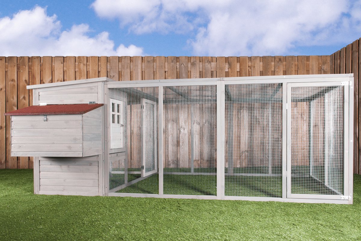 Kippenhok met ren – konijnenhok met ren – dierenverblijf Marie Jeanne – XXl – groot formaat – hout – grijs/wit – ruime buitenren – met nachthok – kippen – konijnen – duurzaam – kwaliteit – buitenverblijf – voor tuin of terras – 199 x 275 x 103 cm