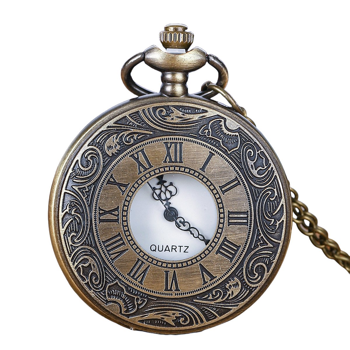 Vintage zakhorloge, Romeinse cijfers quartz zakhorloge met ketting, brons