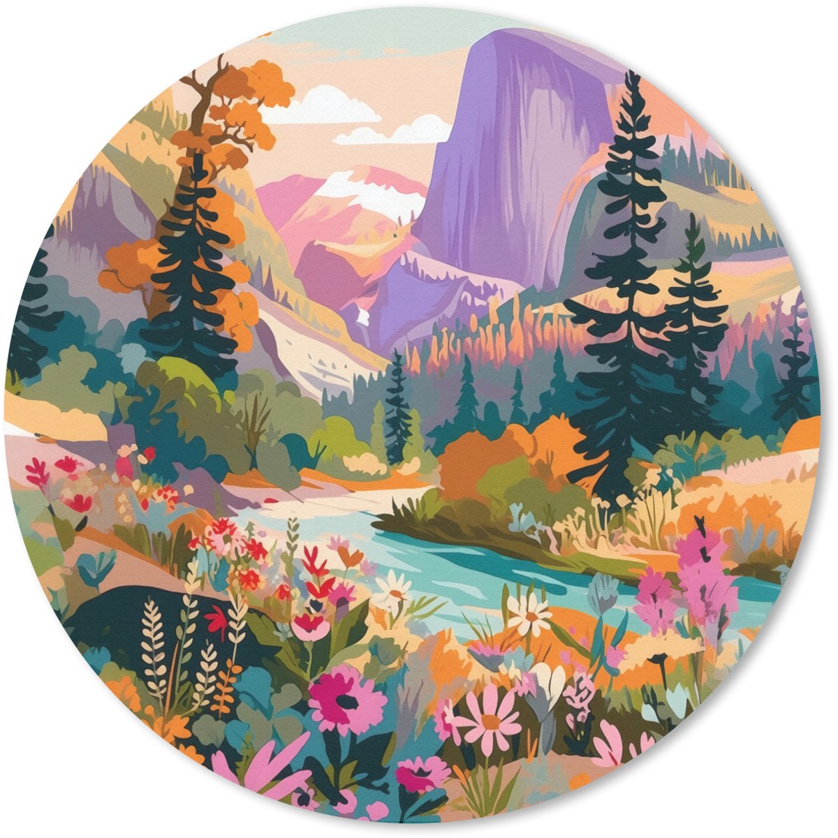 Muismat rond 30x30 cm - Mousepad Rivier - Vallei vol bloemen - Levendig - Ronde muismatten
