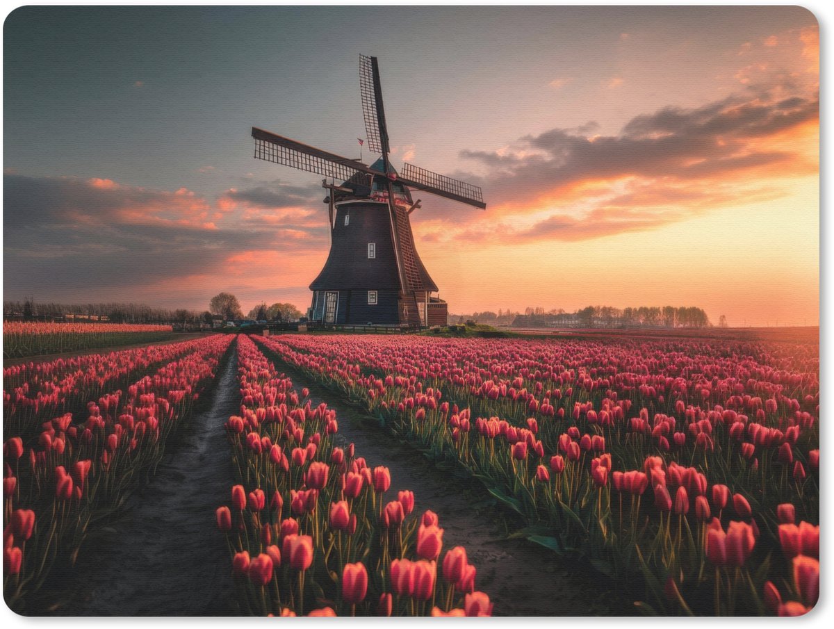Muismat 23x19 cm - Mousepad Molen - Zonsondergang - Tulpen - Rood - Muismatten