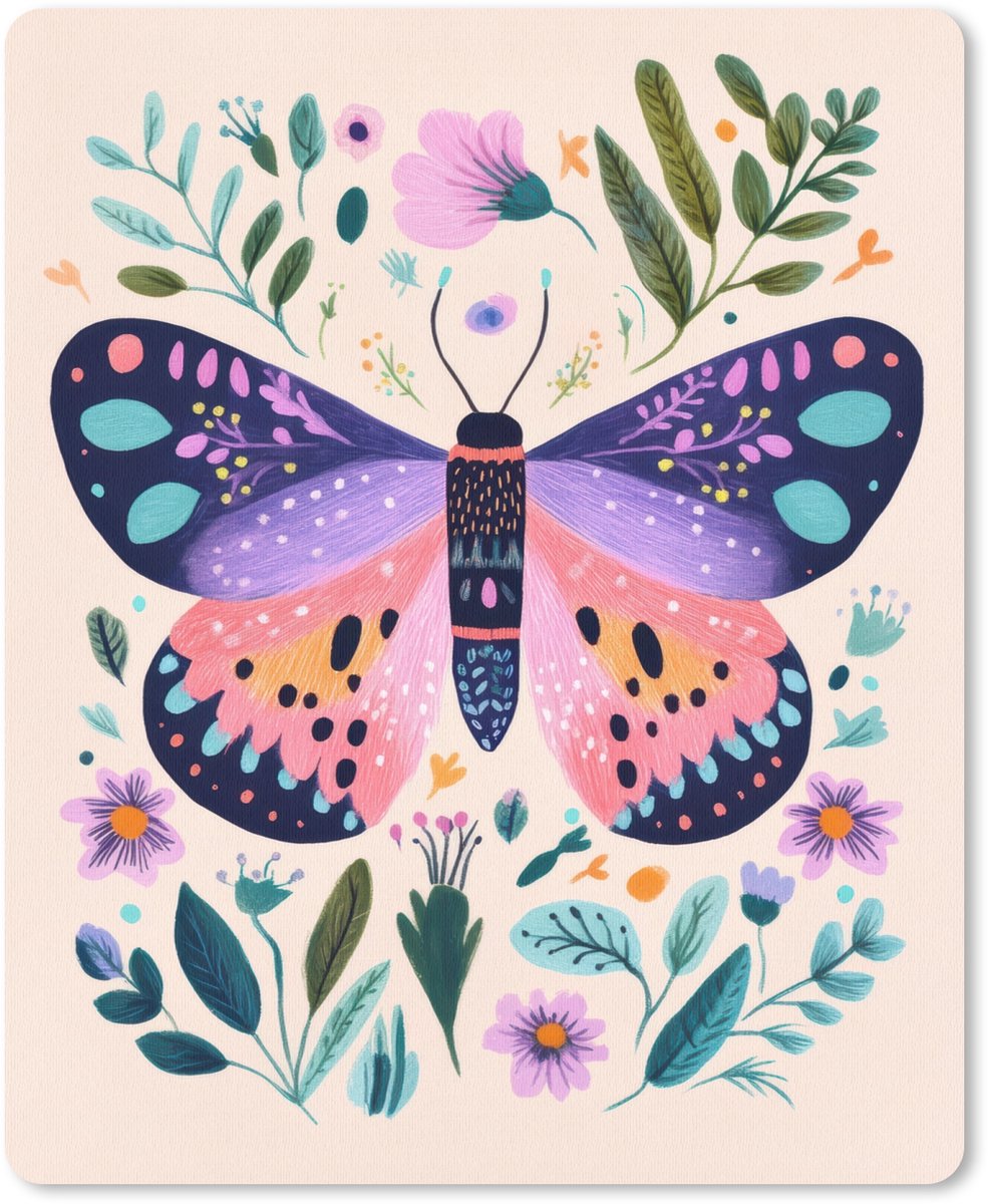Muismat 19x23 cm - Mousepad Bloemen - Bladeren - Vlinder - Kleurrijk - Muismatten