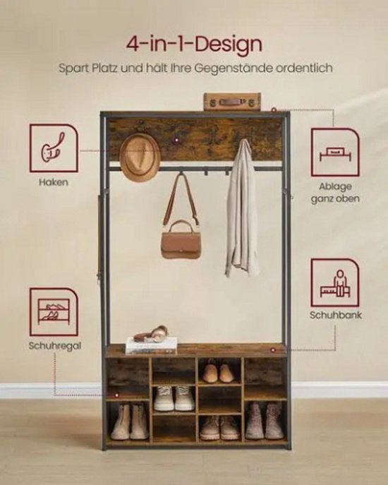 SUKY Garderobeset met bank en schoenenrek, multifunctionele opbergbank met 3 hangende haken en open opbergruimte, rechthoekige opslag en planken, garderobe voor hal, H200/B120/T40 cm, wit