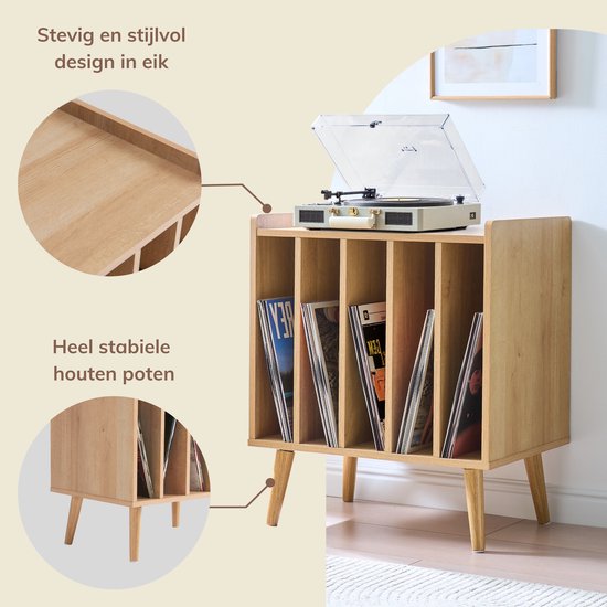 ACAZA LP Opbergsysteem - LP Houder - Lichte Eik - 56,5 x 39 x 66 cm (L x B x H) - Platenspeler Meubel - Vinyl Opbergsysteem - Platenrek - Platenkast - Platenhouder - 110 Platen — afbeelding 5