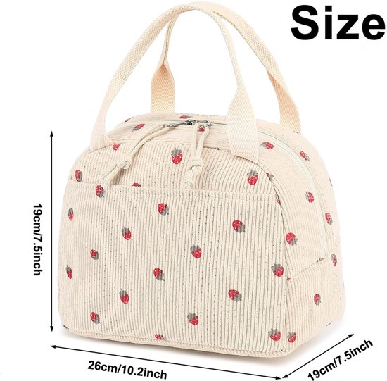 Geïsoleerde lunchtas voor dames en heren, schattige corduroy lunchtassen van aardbei, herbruikbare geïsoleerde lunchbox, lekvrije thermische koelbox met grote capaciteit voor picknick of reizen, beige van FlowFly — afbeelding 3