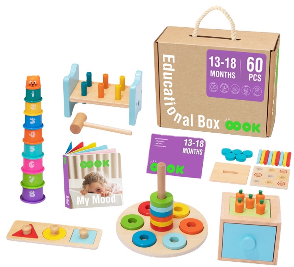 Educatieve speelgoedbox 13-18 maanden - 60-delige Baby Speelgoedset – Montessori Sensorisch Speelgoed – Montessori speelgoedbox - Ontwikkeling & Motoriek - Engelstalig