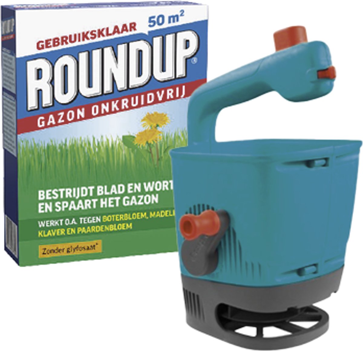 ROUNDUP® Gazon Onkruidvrij 1kg - Gardena Handstrooier - Bestrijdt blad en wortel en spaart het gazon - Werkt tegen o.a. botterbloem, madeliefjes, klaver en paardenbloem