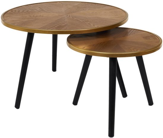 Ensemble de deux tables d'appoint rondes avec plateau en bois à motif étoile et bord doré, sur pieds noirs.