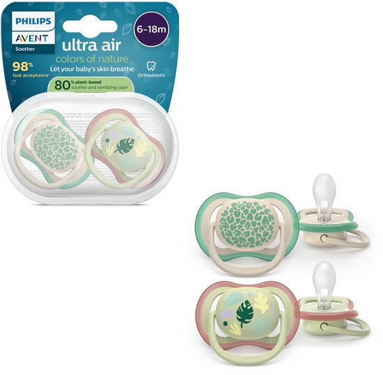 Emballage avec deux sucettes Philips Avent : une avec imprimé léopard, l'autre avec des feuilles. Sucettes individuelles à côté.