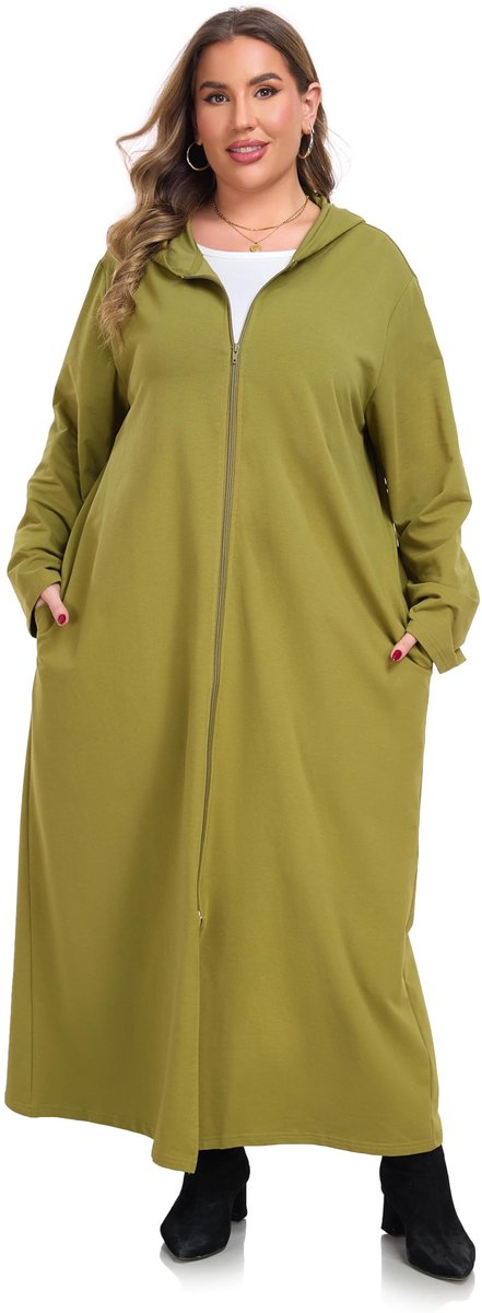 Dames Badjas - Lichtgewicht Katoen - Met Capuchon en Ritssluiting - Lang - Olijfgroen - Maat 3XL