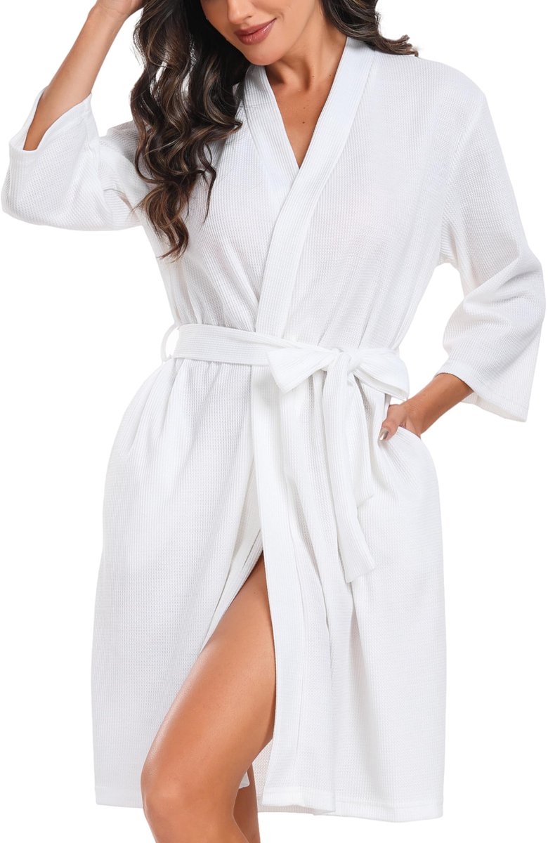 Dames Badjas - Lichtgewicht Wafelstof - Zacht - 3/4 Mouwen - Knielengte - Met Ceintuur en Zakken - Voor Sauna en Loungewear - Wit - Maat S