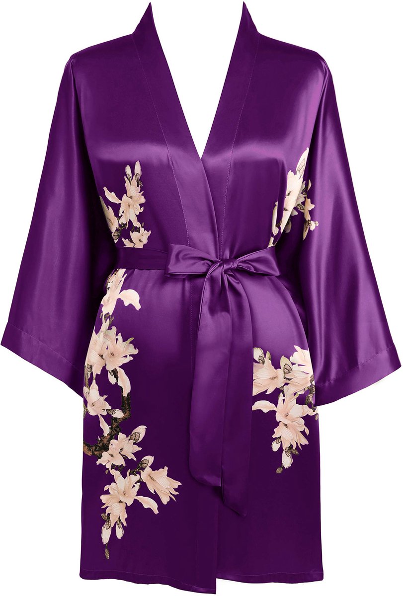 Dames Satijnen Kimono Morgenmantel - Met Gebloemde Print Lichtgewicht Kort - Voor Zomer en Strand - Paars