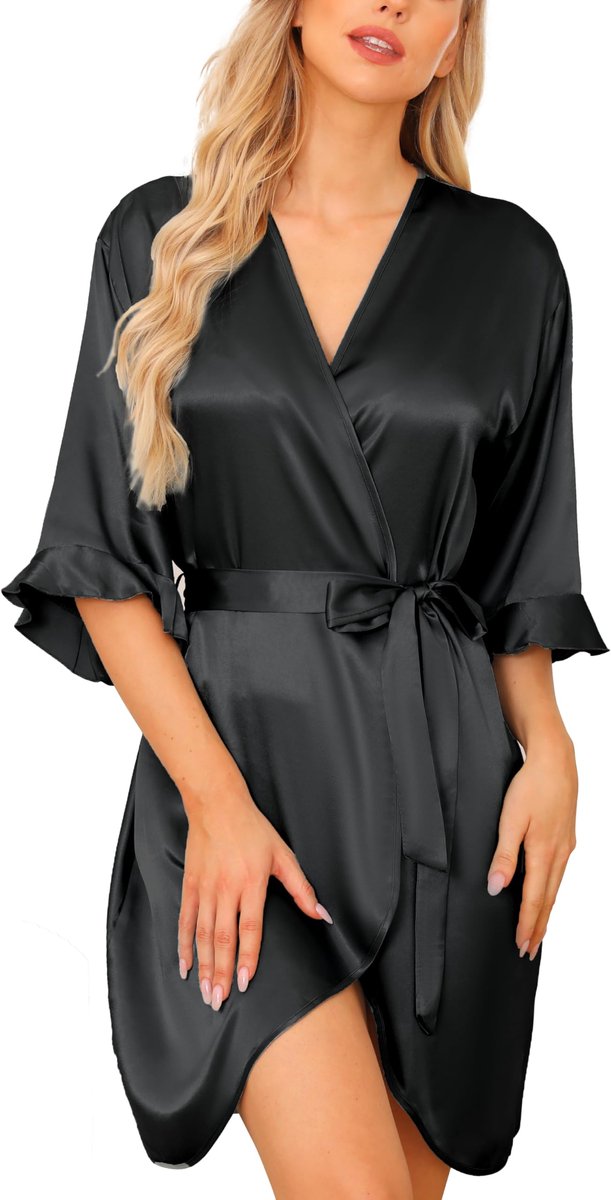 Satijnen Kimono Badjas - Met Ceintuur en V-hals - Voor Dames en Bruiden - Zwart L