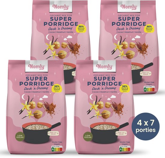 Nomly Havermout Dark 'n Dreamy - Cacao Hazelnoot Vanille - 4 x 280g - ontbijtgranen - overnight oats - laag in suikers - gezond - vegan - 100% glutenvrij - biologisch