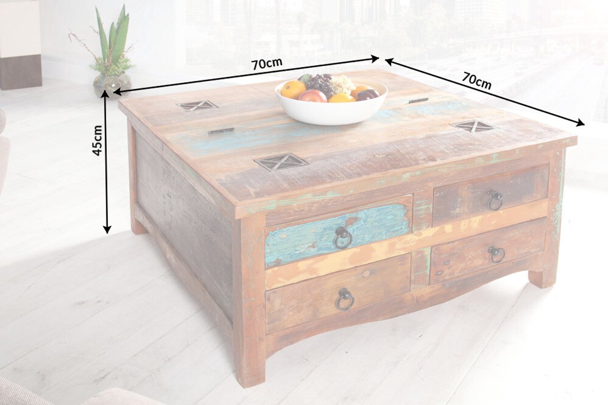 Massieve salontafel JAKARTA 70 cm kleurrijke ladekast gemaakt van gerecycled vissersbotenhout met laden - 37361