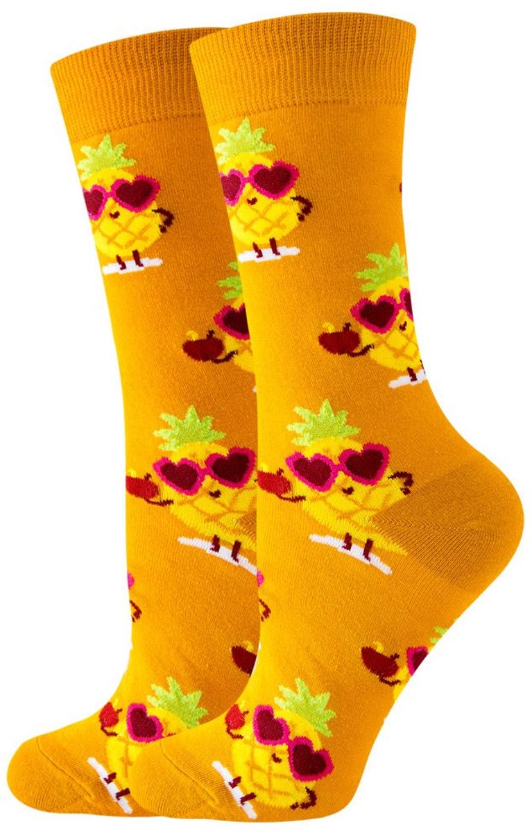 SilverAndCoco - Gekke Vrolijke Foute Sokken / Leuke Grappige Happy Dikke Warme Huissokken Dames & Heren Kerstcadeau pakket / Thermosokken Katoen / Oranje Wintersokken Mannen en Vrouwen Socks Sinterklaas Schoen Kerst Cadeautje - Ananas met Zonnebril