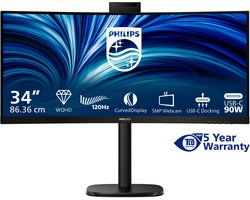 Philips 34B2U3600CH - 34 inch Ultrawide Curved QHD Business Monitor - USB-C 90W - RJ45 - Webcam - 120Hz - 5 jaar garantie