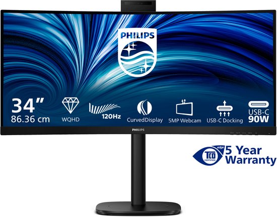 34-inch gebogen WQHD Philips monitor met 120Hz, 5MP webcam, USB-C 90W docking en 5 jaar garantie.