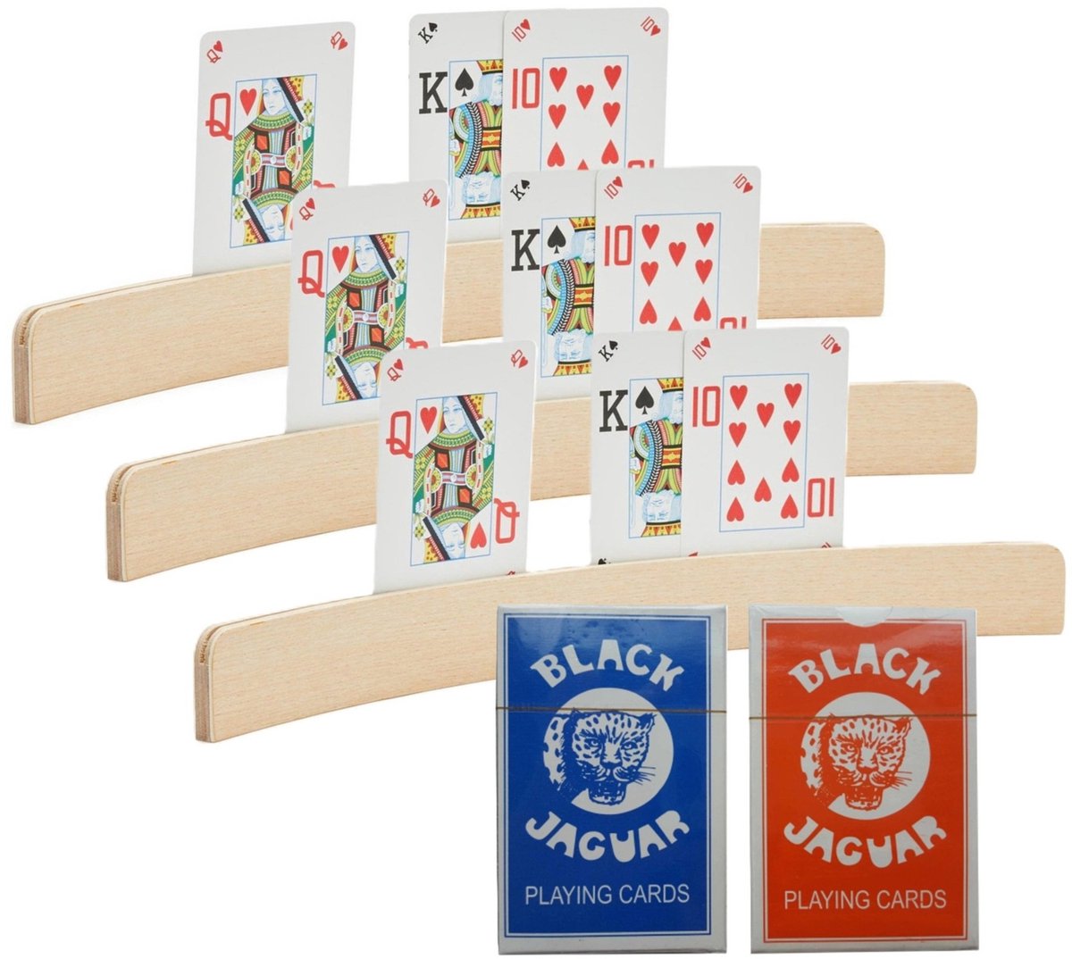 Engelhart Speelkaarten houders - 3x stuks - van hout - 35 cm - met een setje speelkaarten - kaartspellen