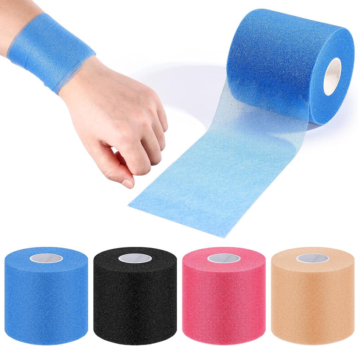 4 stuks Pre Wrap Athletic 120 Yards Prewrap hoofdbanden voor haar Foam Underwrap Sports Wrap haar Prewrap strip tapes voor enkels polsen sport foam tape, Underwrap tape - Voetbaltap (Zwart, beige, blauw, roze) - Cyslmuk®