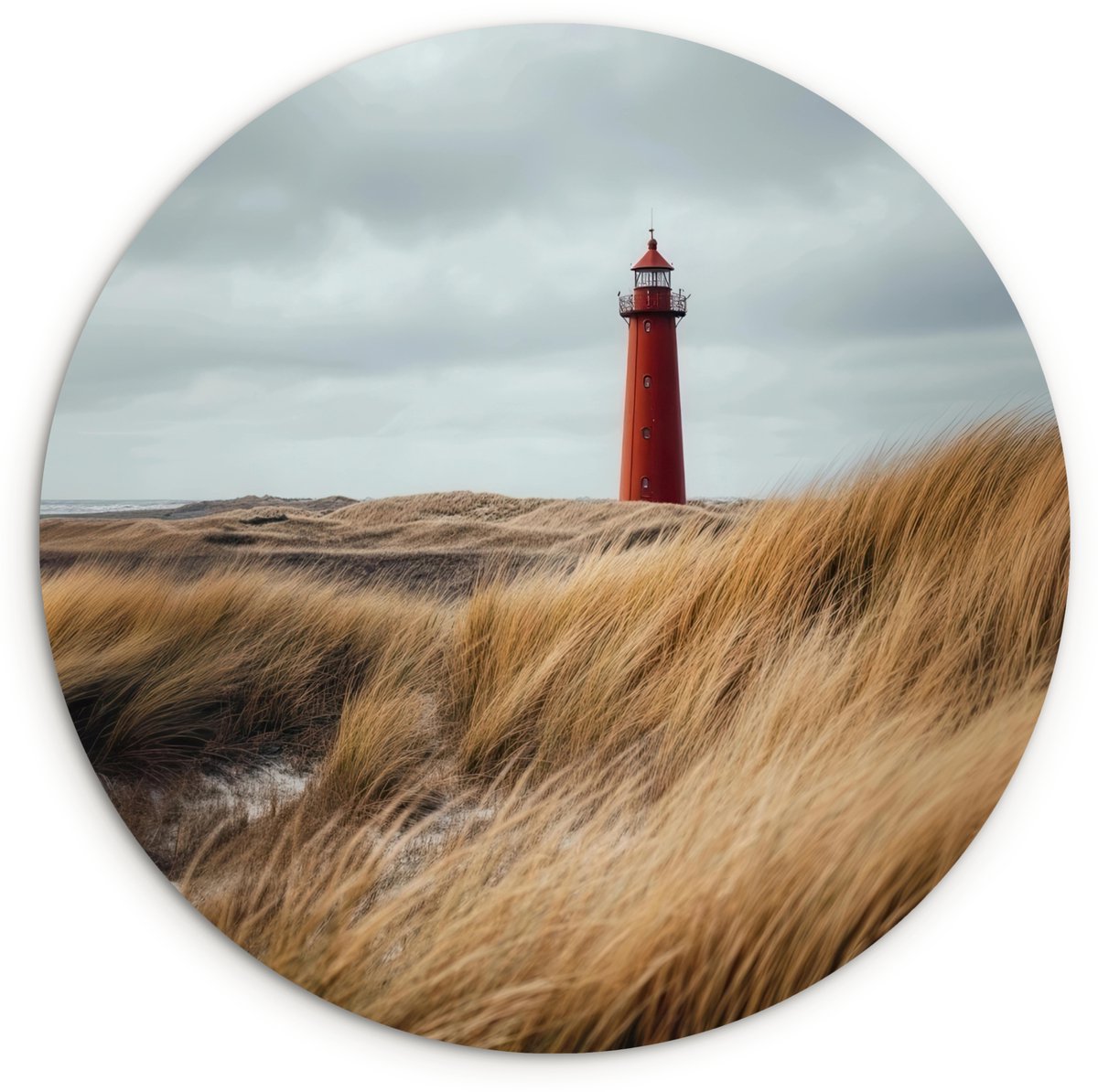 WallCircle Wandcirkel 120x120 cm - Muurcirkel Duinen - Vuurtoren - Rood - Lucht - Muurdecoratie woonkamer - Wanddecoratie slaapkamer - Kamer decoratie accessoires - Ronde schilderijen