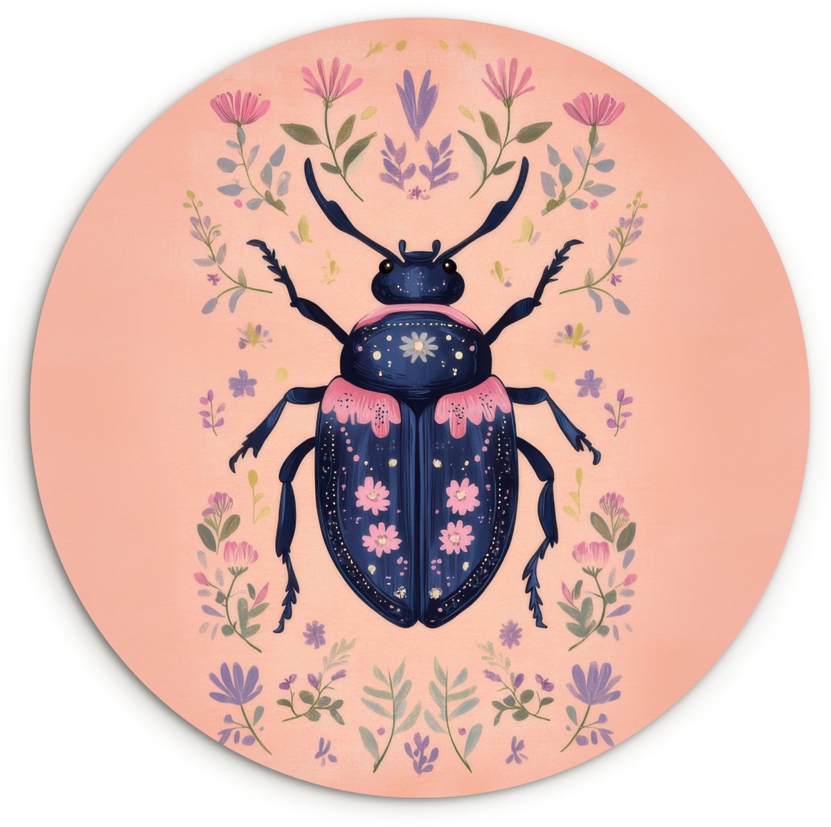 WallCircle Wandcirkel 150x150 cm - Muurcirkel Kever - Donkerblauw - Bloemen - Sierlijk - Muurdecoratie woonkamer - Wanddecoratie slaapkamer - Kamer decoratie accessoires - Ronde schilderijen Bloemen - Kever