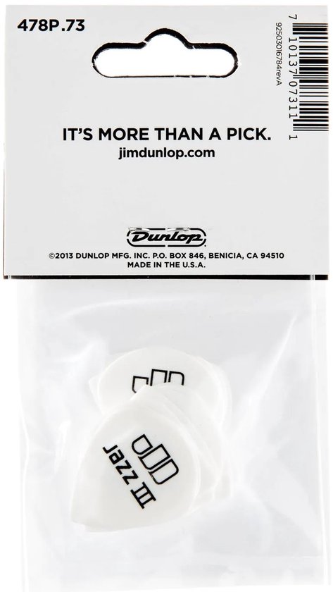 Arrière d'un emballage de médiators Dunlop Jazz III. Contient un code-barres et un site web.