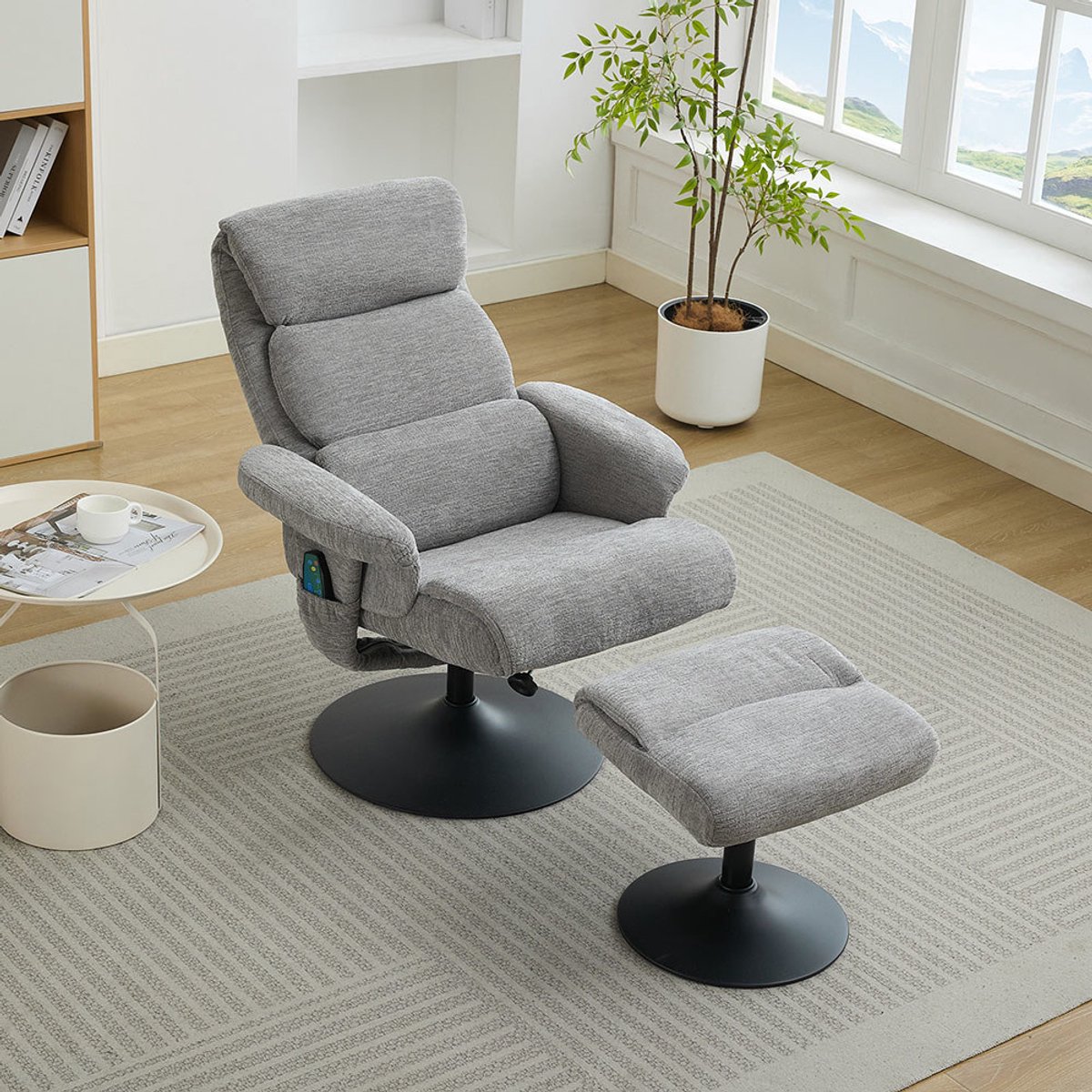 Pugsdrly Relaxfauteuil met verstelbare rugleuning en 5-puntsmassage, tv-fauteuil met elektrische verwarming en voetensteun, 360° draaibaar, grijs chenille