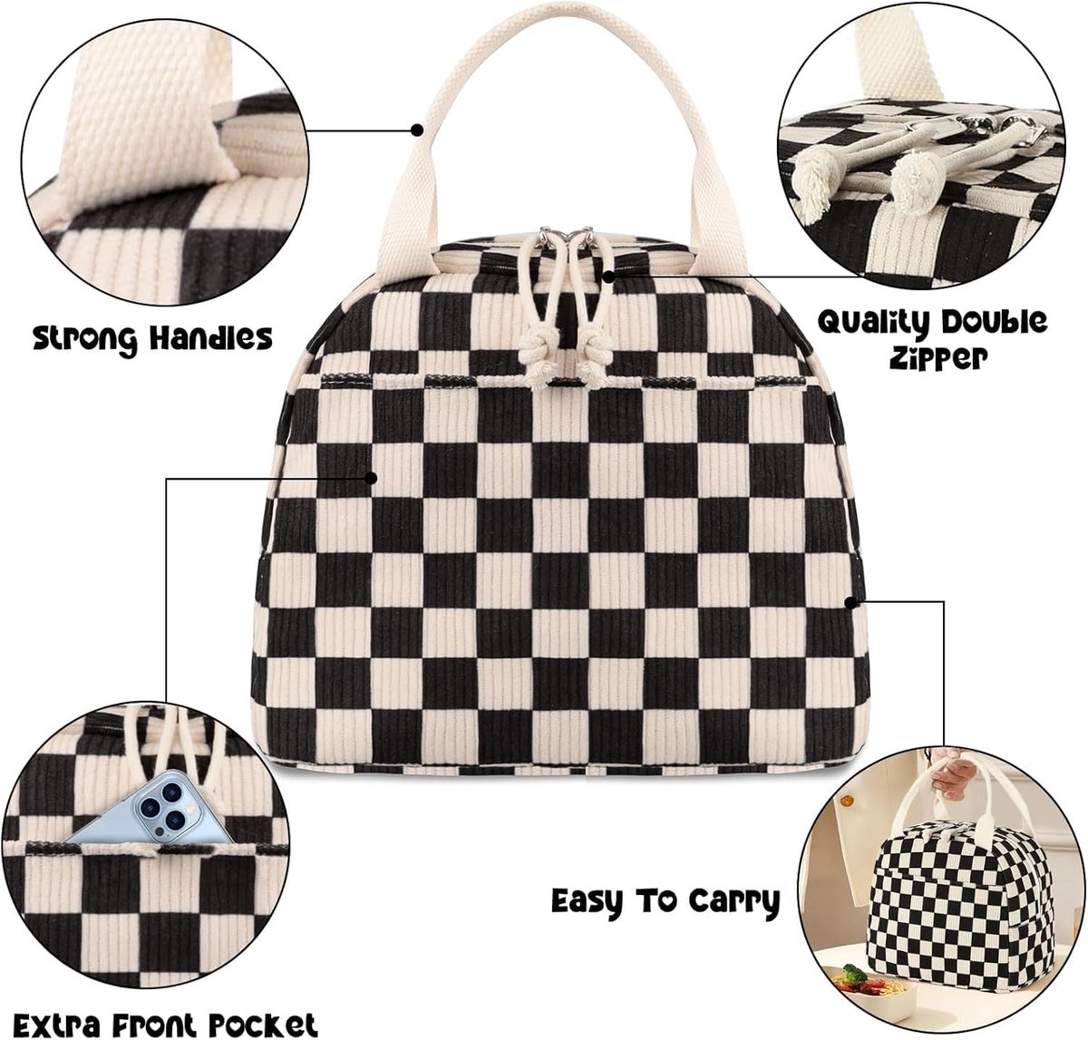 Koeltas - Koeltasje klein - Koeltasje lunch - Geïsoleerde Koeltas - lunchtas dames - Leuke Corduroy Lunch Tote - Herbruikbare Geïsoleerde Lunchbox - Voor Mannen en Vrouwen - Grote Capaciteit - Ideaal voor Werk, Picknicks of Reizen(zwart) — cadeau in Cadeau-ideeën - foto 8