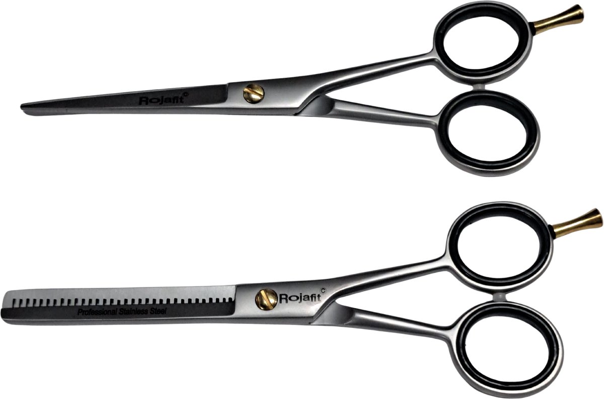 Rojafit Professionele Luxe Kappersset – Kappersschaar & Uitdunschaar 6" (15,24 cm) – ICE gehard RVS met Vingersteun – Razor Edge Precisie Haarschaar