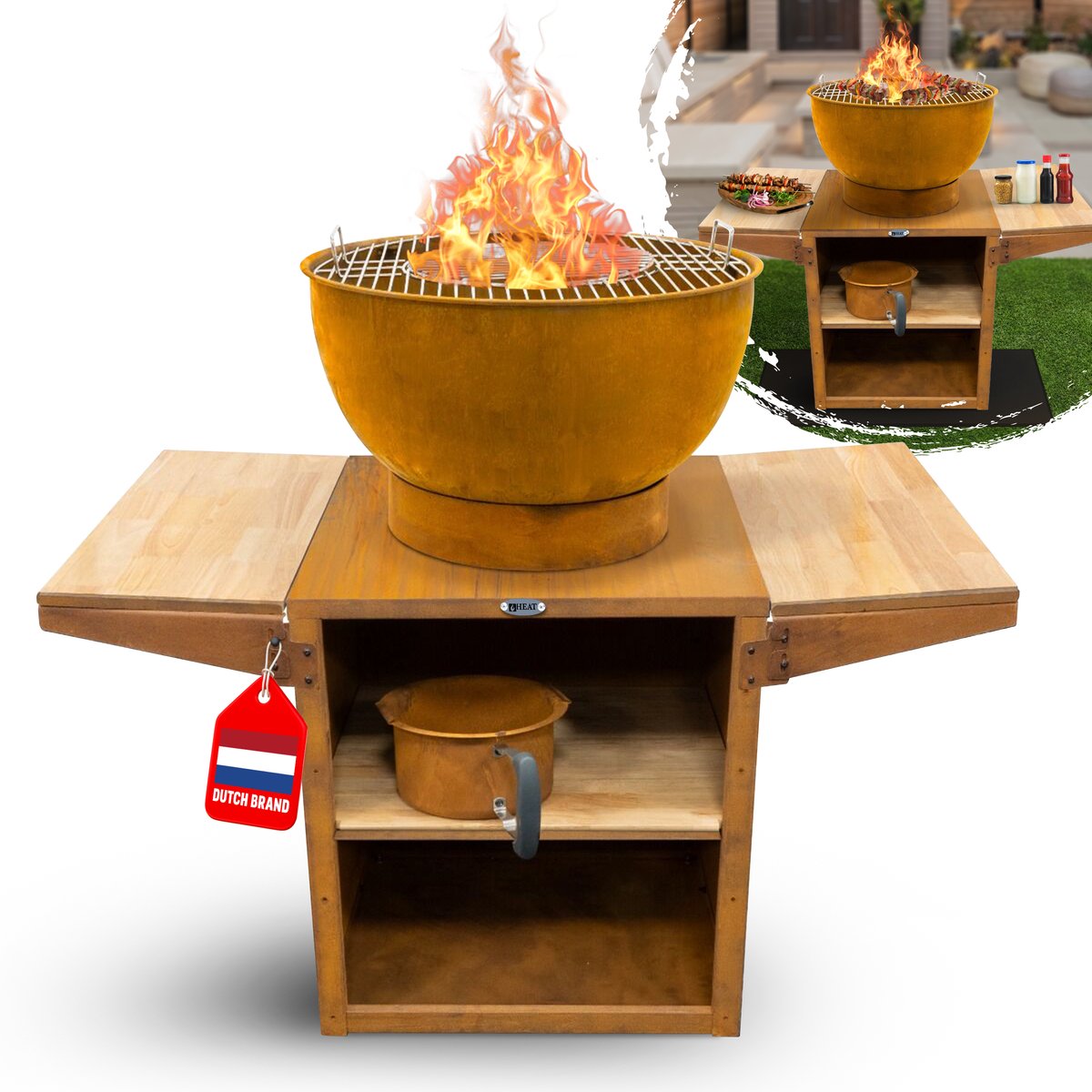 HEAT Outdoor Living Buitenkeuken Kjok Roest - Barbecue met Opslag - Mobiele Buitenkeuken - Barbecue Plancha - Grillen - Staal - Incl. Snijplank - Sfeervolle Avonden met Vrienden en Familie - 122x60x93 cm