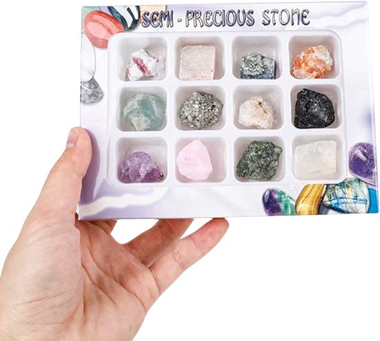 Cristaux et pierres précieuses brutes dans une boîte - Mix de 12 - Coffret cadeau - Pierres brutes et cristaux 20-30 mm