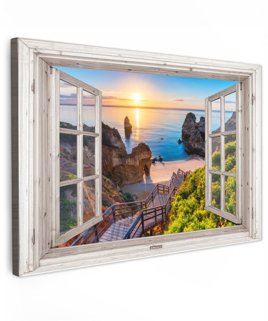 Tuinschilderij voor buiten 120x80 cm - Tuindecoratie Doorkijk - Strand - Zomer - Zonsondergang - Tuinposter op canvas - Tuin muurdecoratie - Buitenschilderij decoratie - Schutting wanddecoratie - Buitencanvas