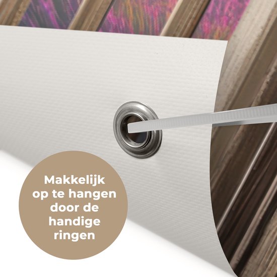 Tuinposter 120x80 cm - Tuindecoratie Doorkijk - Lavendel - Landschap - Bloemen - Paars - Poster voor in de tuin - Buiten decoratie - Schutting tuinschilderij - Tuindoek muurdecoratie - Wanddecoratie balkondoek