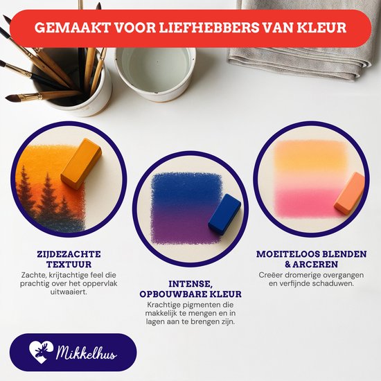 Drie cirkels met pasteltechnieken: oranje krijt op bomen, paars op blauwe gradiënt, roze op gele gradiënt. Logo Mikkelhus onderaan.