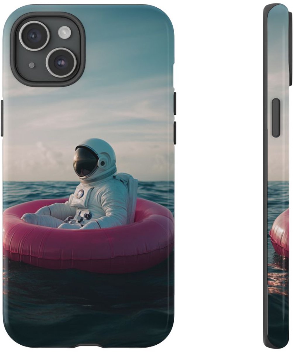 Astronaut op Roze Zwemband – Telefoonhoesje Geschikt voor iPhone 15 Plus