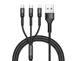 Multi USB-kabel, 3-in-1 multi USB-oplader, gevlochten nylonkabel met micro-USB-type C-connectoren voor Samsung Galaxy S10/S9/S8, Huawei P30/P20, Honor, OnePlus, Wiko, Kindle 1,2 m (zwart)
