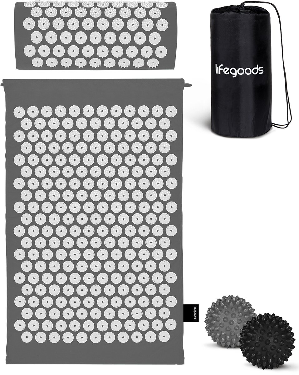 LifeGoods Spijkermat met Kussen - Shakti Mat - Acupressuur Mat - Spijkerbed - Massage Mat - Voor Pijnverlichting, Spierherstel, Stressverlichting en Meer - Incl. 2x Triggerpoint Bal - 60x40x2cm - Grijs