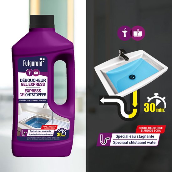 Paarse fles met het label "DÉBOUCHEUR GEL EXPRESS EXPRESS GELONSTOPPER". Rechts een illustratie van een gootsteen die verstopt is en daarna wordt doorgespoeld in 30 minuten.