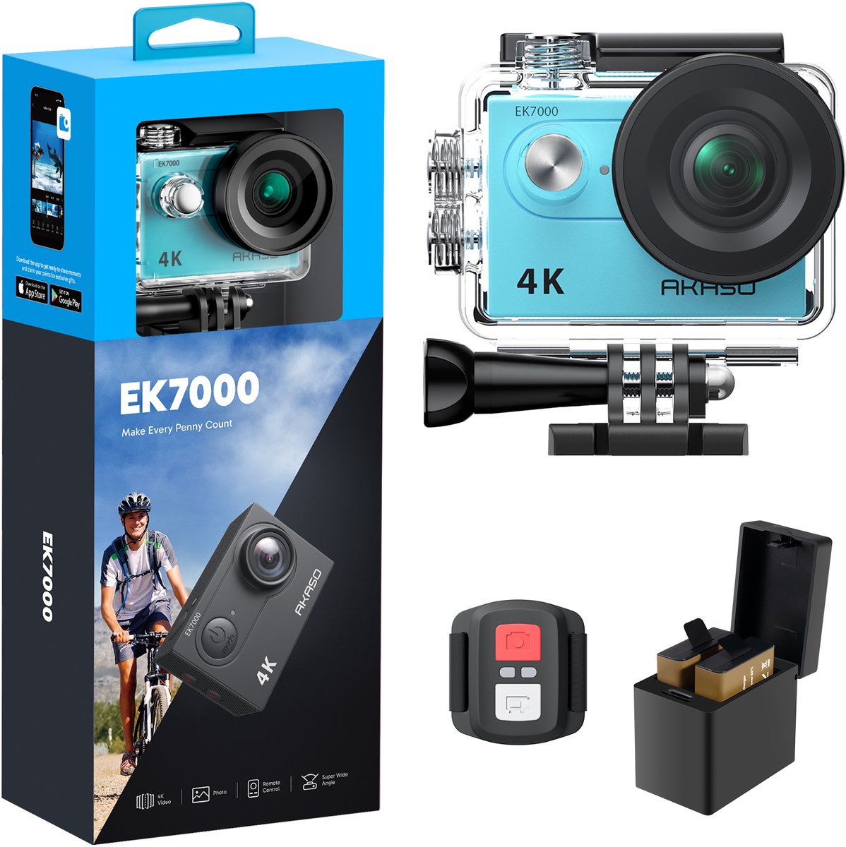 AKASO EK7000 Action Camera 4K – WiFi – Afstandsbediening – Waterdicht 30m – 4× Zoom – Onderwatercamera met Accessoireset – Blauw