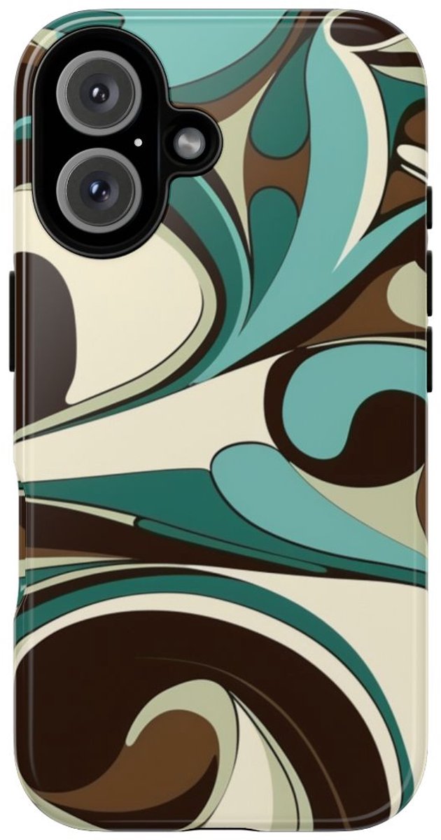 Abstracte Swirl in Teal en Bruin – Telefoonhoesje Geschikt voor iPhone 16