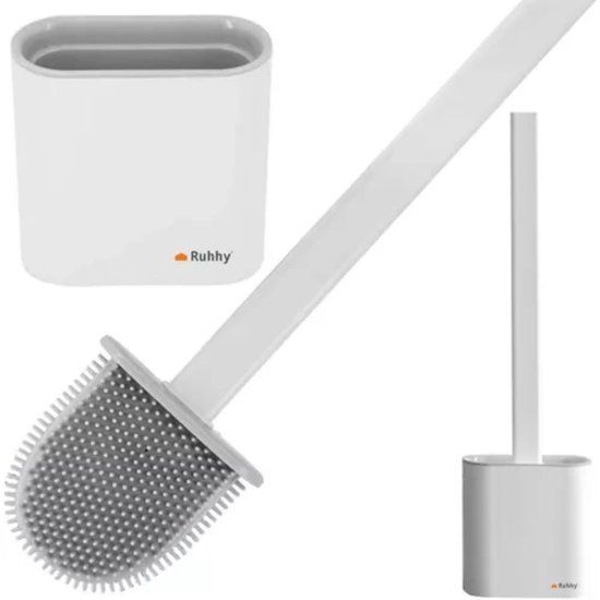 Witte wc-borstel met platte siliconen kop, witte houder met grijze binnenkant en een losse borstel.
