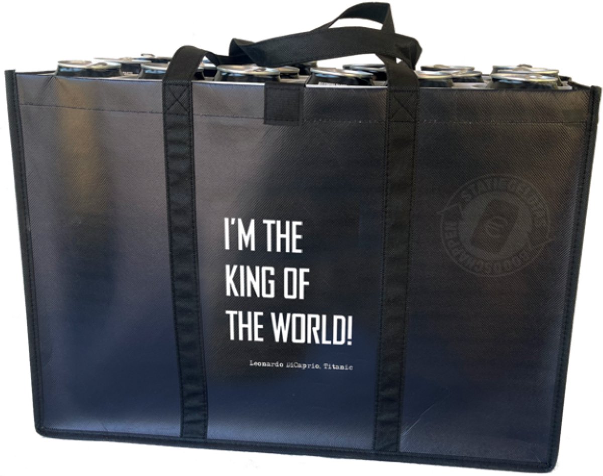 I'm the king of the world! – Combiset Statiegeldtas - boodschappentas + 2 koelementen met uniek ontwerp – met handig klittebandsysteem