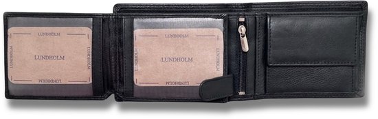 Zwarte leren portemonnee met twee vakken met doorzichtig plastic voor pasjes en een muntvak met drukknoop.