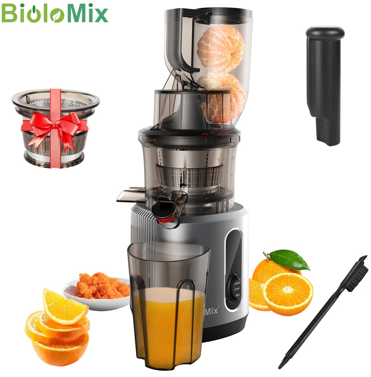 BioloMix - SlowJuicer- Slow Juicer - Keukenmachine - Sapcentrifuge - 78mm Brede Invoer - 200W 40-65RPM - Tritan BPA Vrij - Zwart