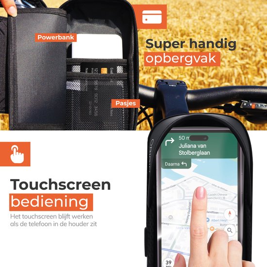 Zwarte fiets telefoonhouder met vakjes voor powerbank en pasjes, en een smartphone met navigatie. "Super handig opbergvak" en "Touchscreen bediening".