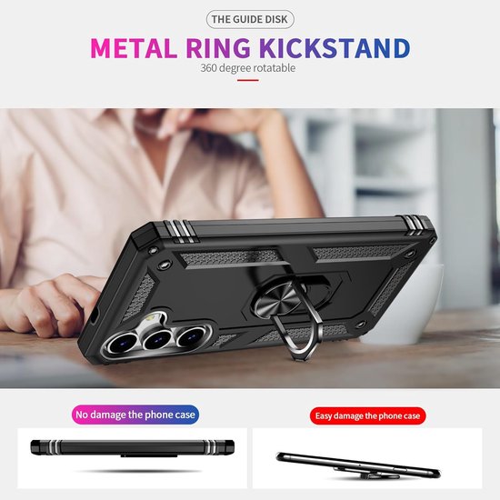 Zwarte telefoonhoes met metalen ring kickstand die 360 graden kan draaien.