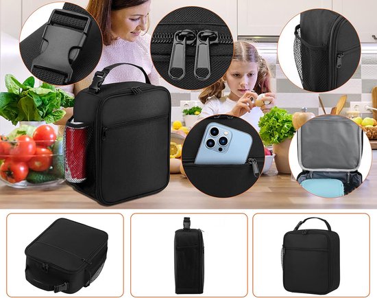 Draagbare geïsoleerde lunchtas - Koeltassen - 22x11x26cm - Waterbestendige lekvrije - Met zijvak van gaas - Voor werk school picknick buiten - Picknicktas - Zwart van Etechydra — afbeelding 5