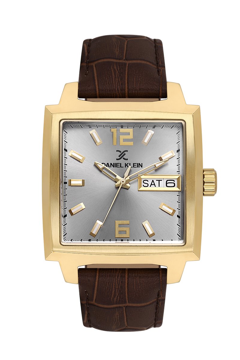 Daniel Klein DK.1.13991-5 - Horloge - Polshorloge - Analoog - Heren - Mannen - Leren band - Vierkant - Metaal - Datumaanduiding - Strepen - Cijfers - Bruin- Goudkleurig - Crème - Wit- Zwart