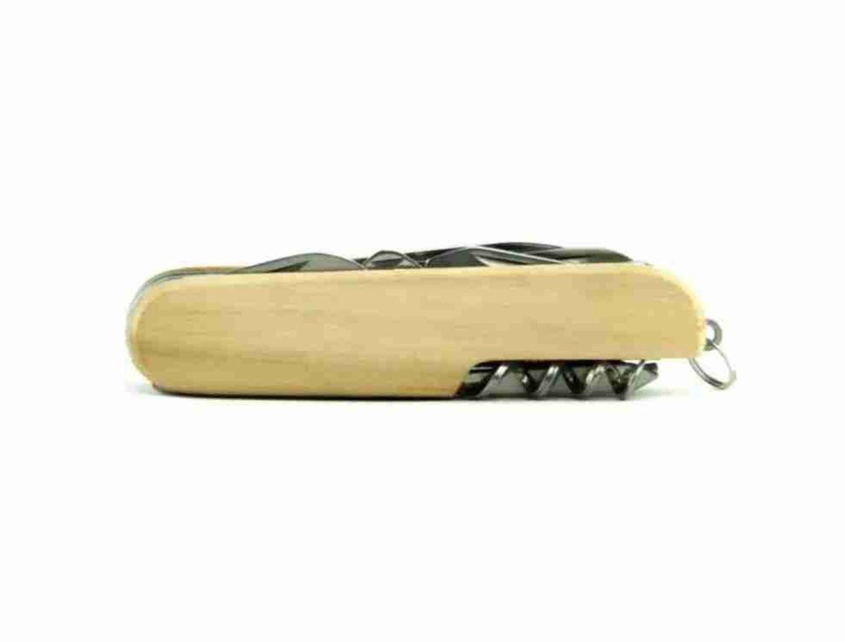 Houten Zakmes met 11 Functies – Multifunctioneel Outdoor Mes – Compact 9,3 cm – Berkenhout – Ideaal voor Kamperen & Cadeau