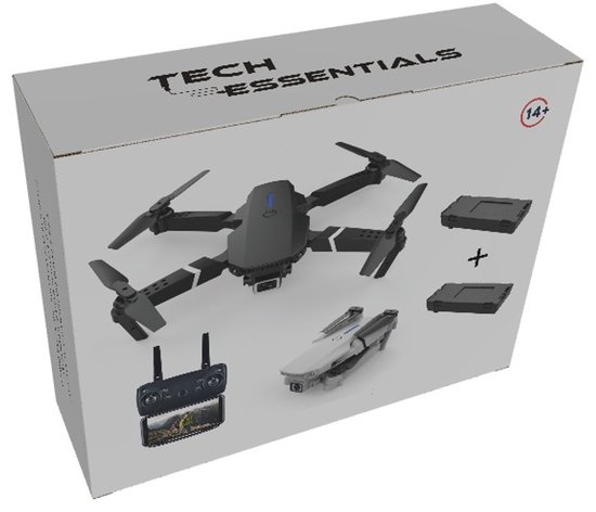 Zwarte Tech Essentials drone met camera, controller en twee extra batterijen op de verpakking.